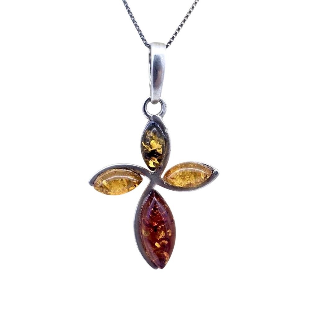 Vintage Sterling Silver Multi Color Baltic Amber Pendant Chain Necklace Signed